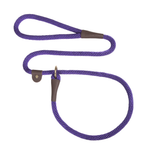 A purple braided rope dog leash with brown leather loop ends and a gold-tone metal ring, shown on a plain white background.
