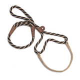 A braided rope lasso with a black and tan pattern, brown leather accents, and a tan loop, displayed on a clean white background.