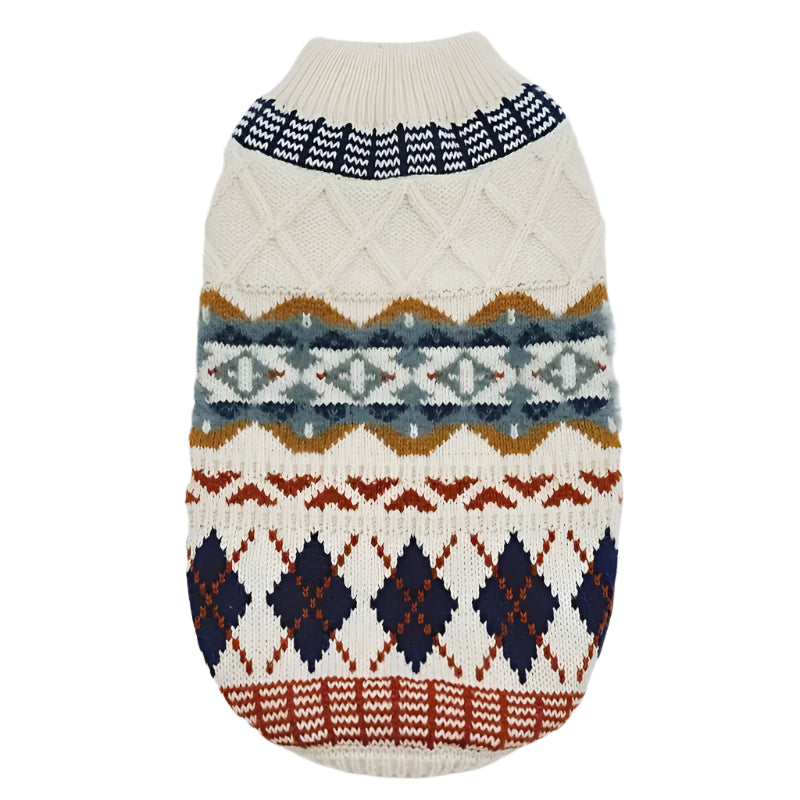 Knitted dog sweater with a pattern on a white background