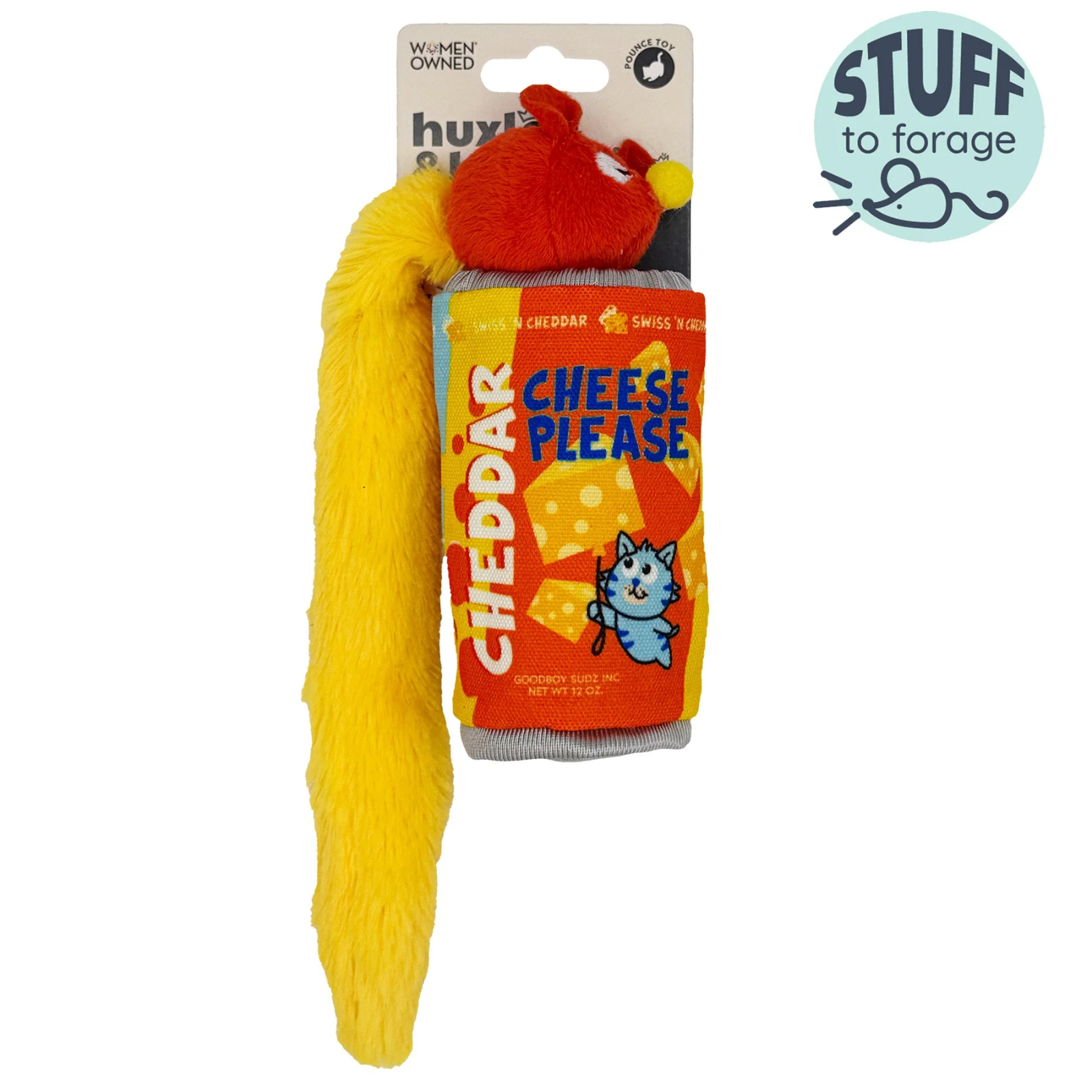 Dog toy resembling a cheddar cheese package with a red dog face on a white background