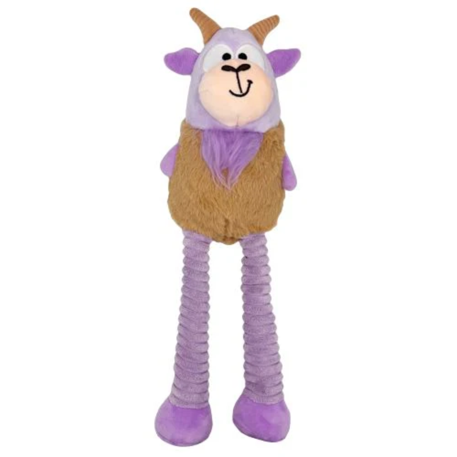Plush toy goat with purple legs and a brown body on a white background
