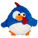 A plush toy chicken with a blue minky dot textured body, white belly, orange beak and feet, and a red wattle and crest, isolated on a white background.