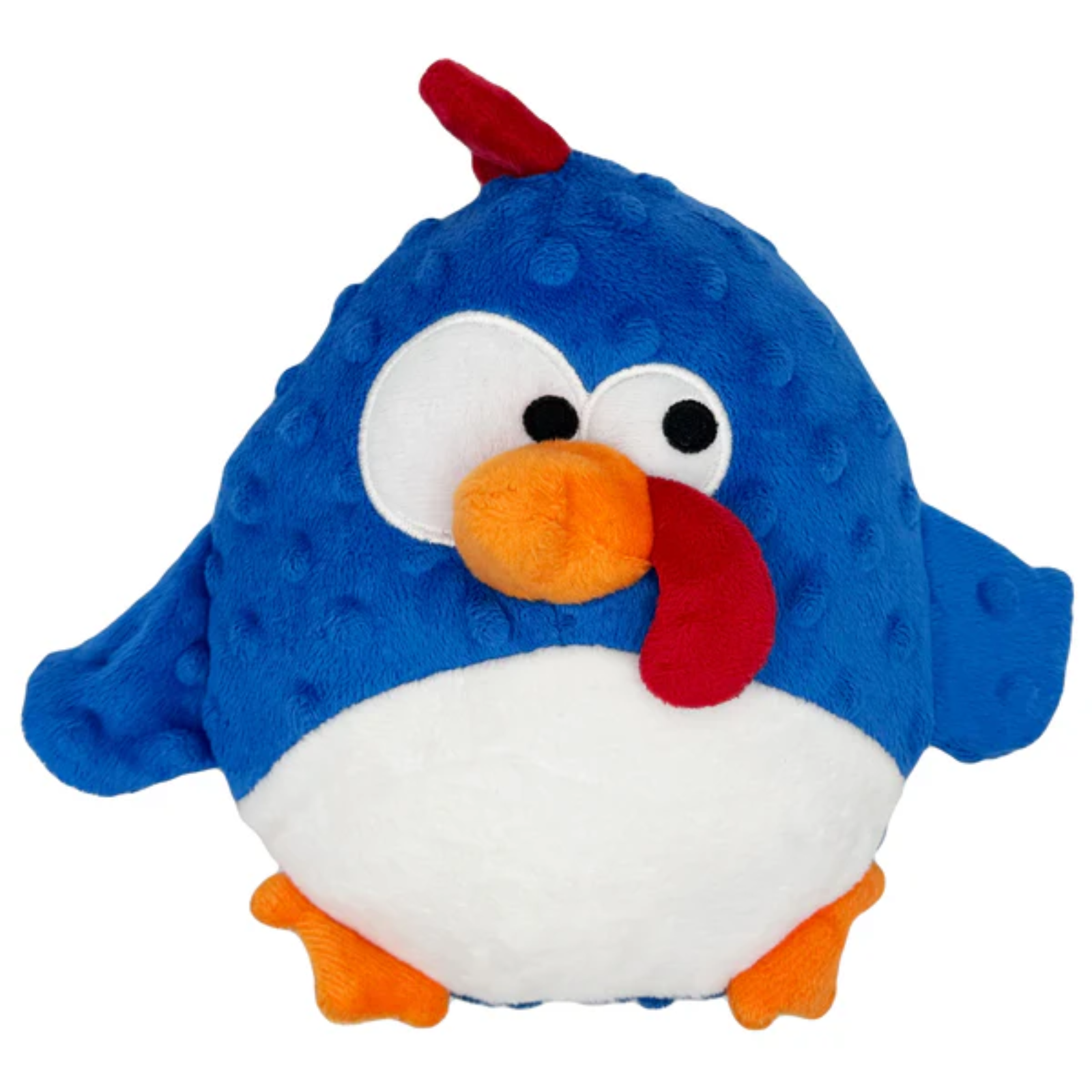 A plush toy chicken with a blue minky dot textured body, white belly, orange beak and feet, and a red wattle and crest, isolated on a white background.