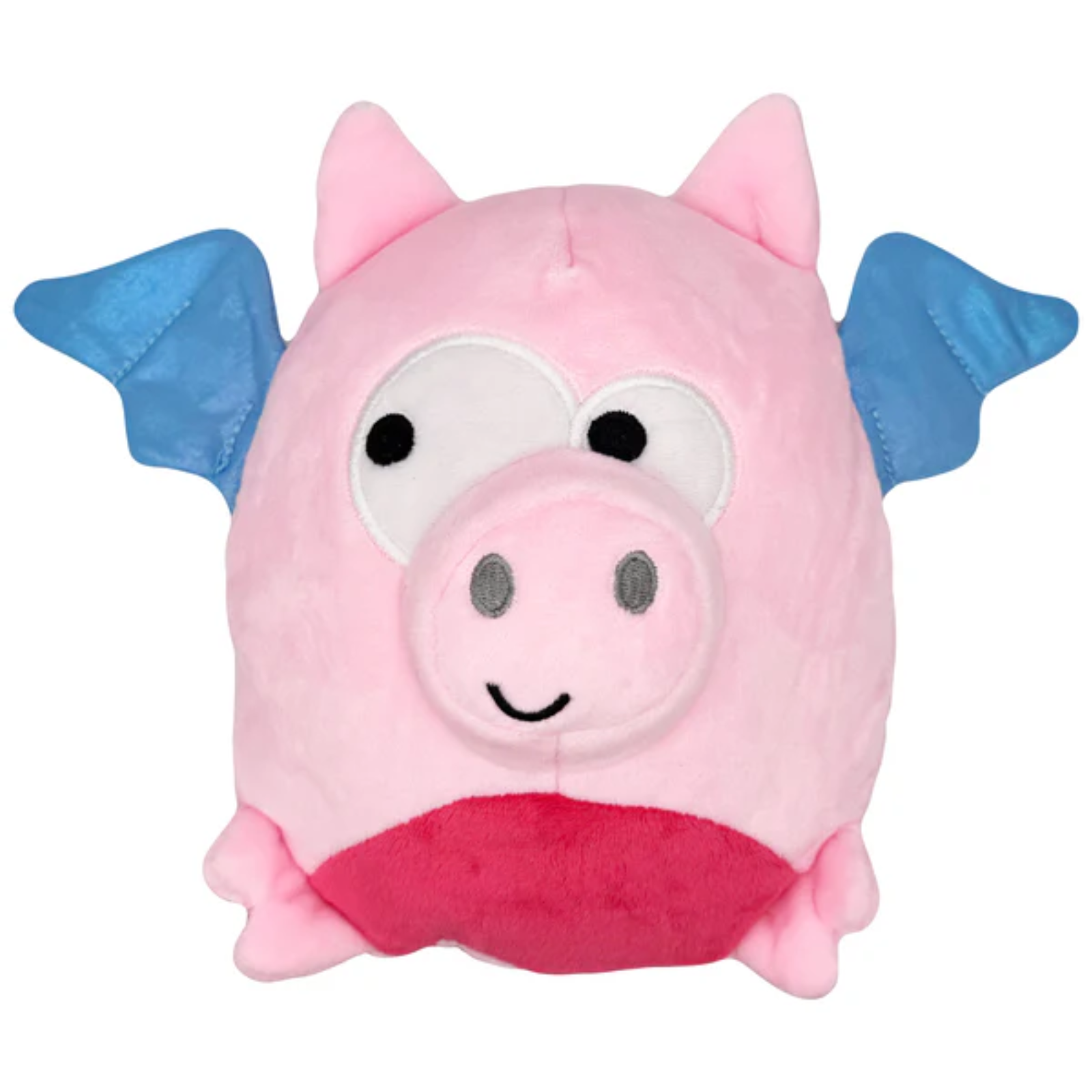 Plush toy pig with blue wings on a white background