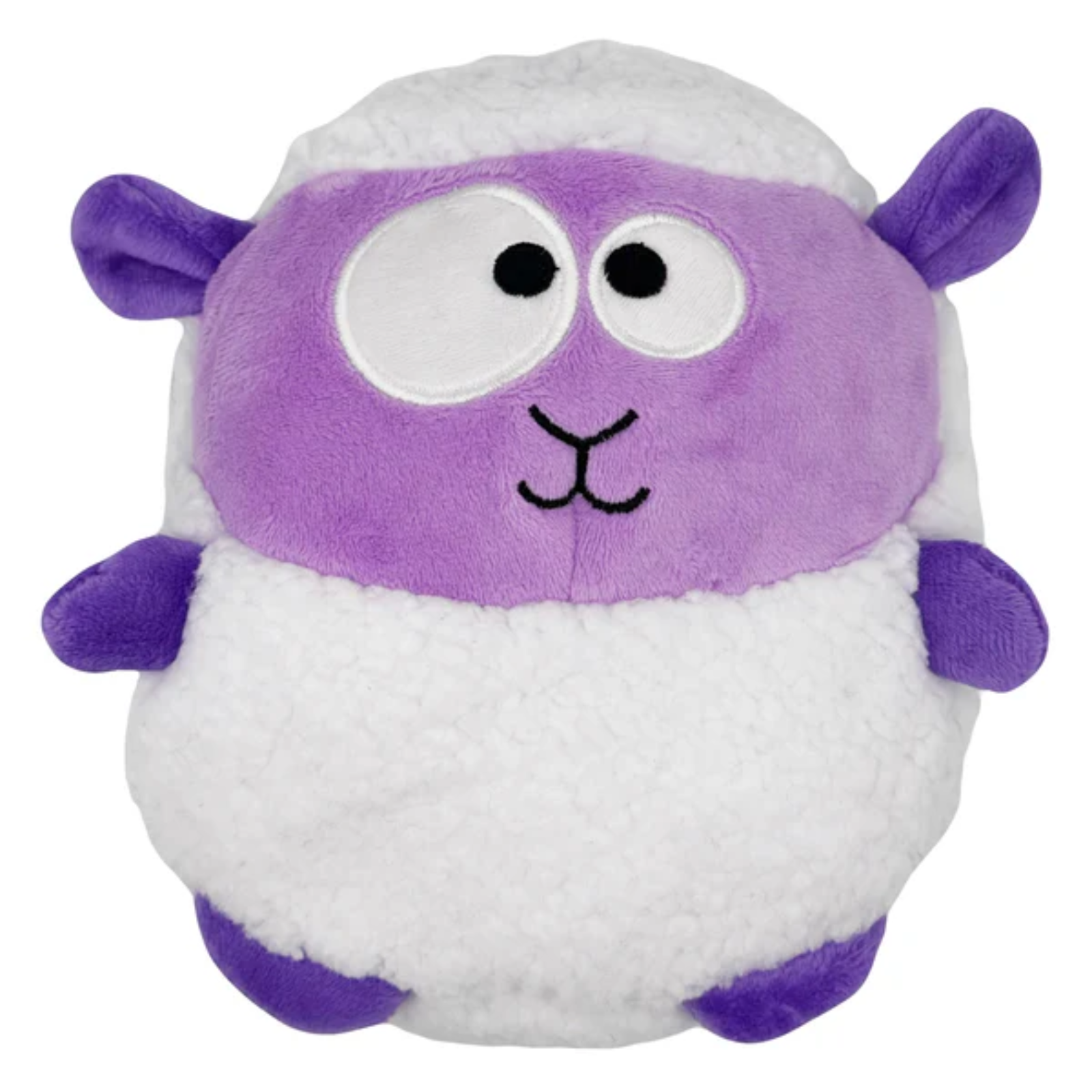 A cute, round plush sheep toy with a purple face and ears, a white fluffy body, and black embroidered facial features on a plain white background.