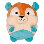A plush toy shaped like a round, cartoonish chipmunk or squirrel with a peach and orange face, light beige cheeks, and bright turquoise blue ears, belly, and feet, shown on a plain white background.