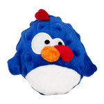 A blue penguin plush toy with a white belly, orange beak, and red comb, photographed on a plain white background.