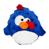 A blue penguin plush toy with a white belly, orange beak, and red comb, photographed on a plain white background.