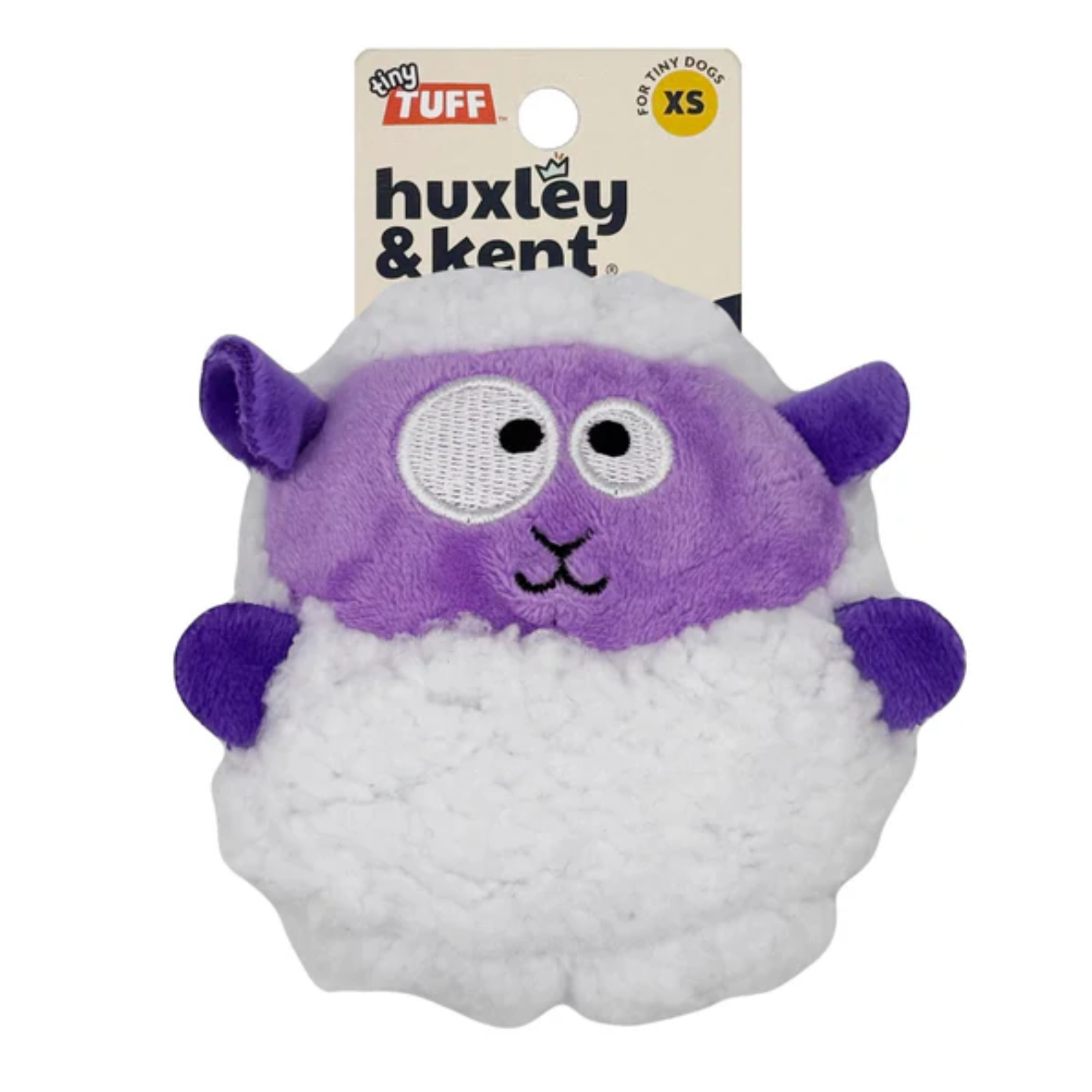 A small plush sheep dog toy with a purple face and ears, white fluffy body, and a hanging retail card reading 'huxley & kent' and 'mini TUFF'.