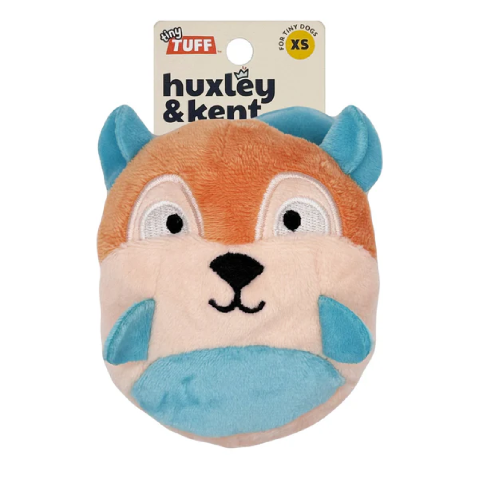 Plush dog toy with fox design on a white background, featuring 'huxley & kent' branding.