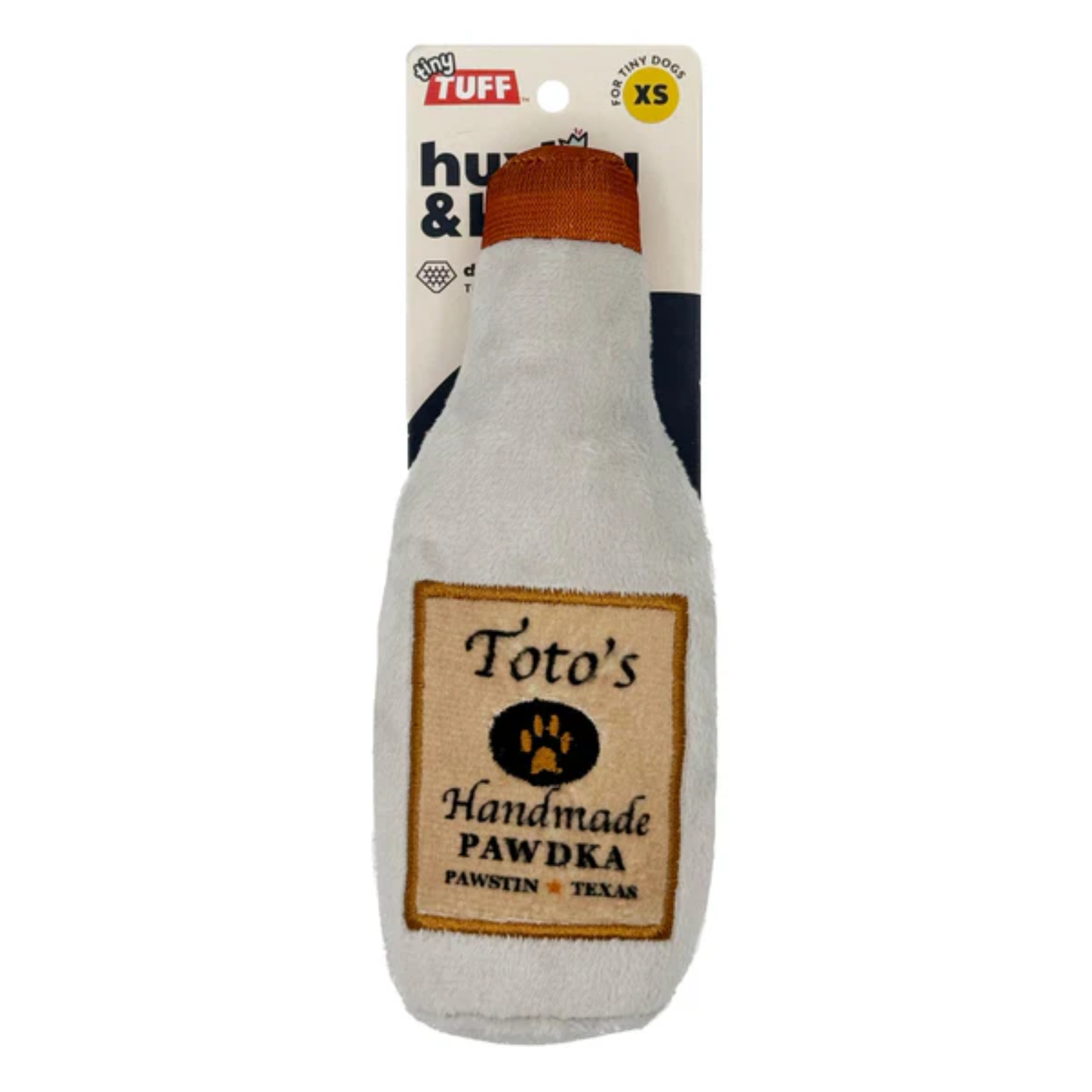 Dog toy shaped like a bottle labeled 'Toto's Handmade Pawdka' with packaging on a white background