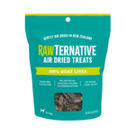 A teal stand-up pouch of RAWTernative Air Dried Treats for dogs, featuring a yellow and white label that reads '100% Goat Liver' and a small clear window showing the dried treat pieces inside.