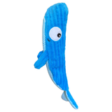 Blue plush toy whale with a single eye on a white background