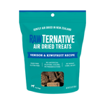 A teal stand-up pouch of RAWTernative Air Dried Treats for dogs, featuring the 'Venison & Kiwifruit Recipe' on a clean white background.