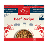 A box of My Perfect Pet Beef Recipe dog food, 8 bars individually wrapped, shown on a clean white background.