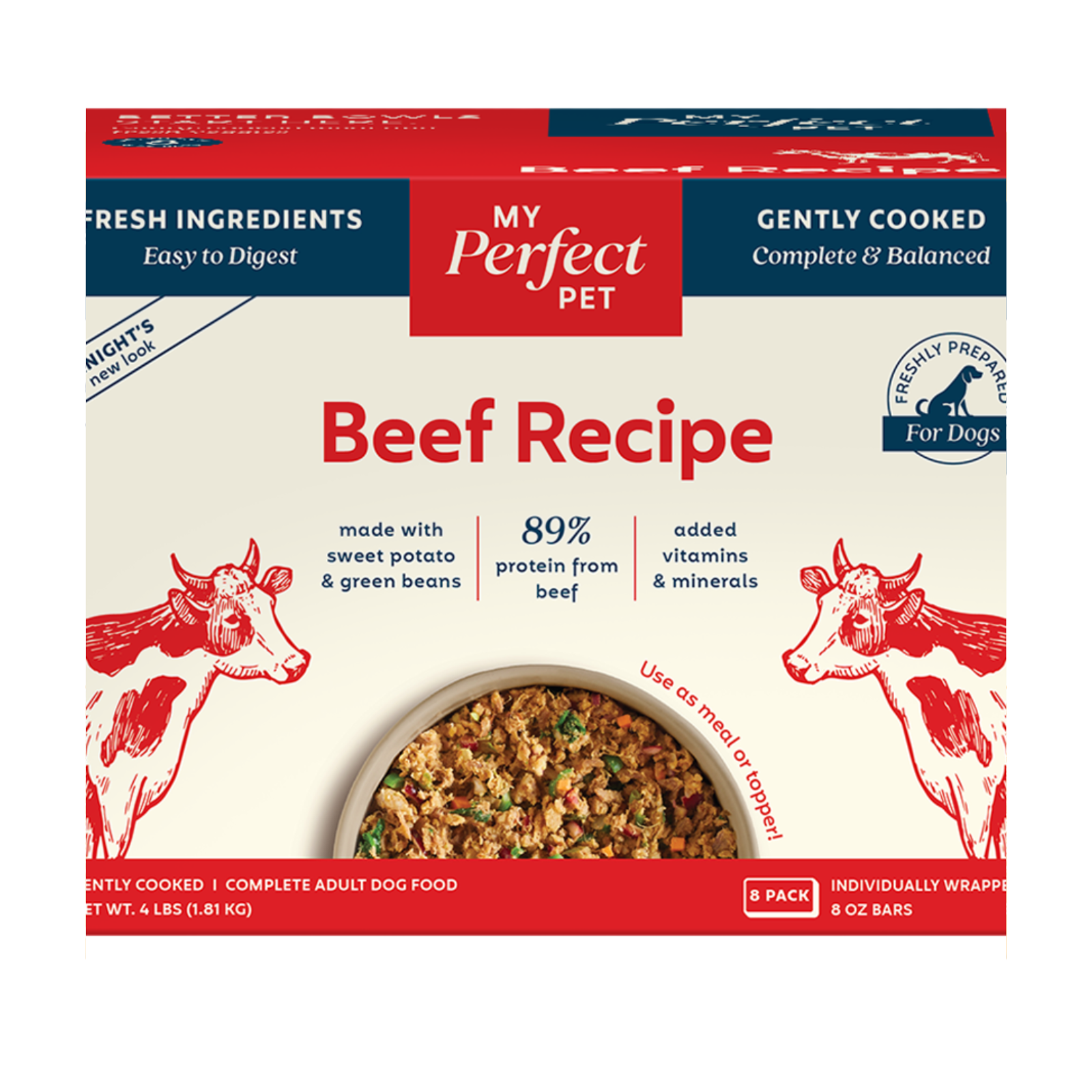A box of My Perfect Pet Beef Recipe dog food, 8 bars individually wrapped, shown on a clean white background.