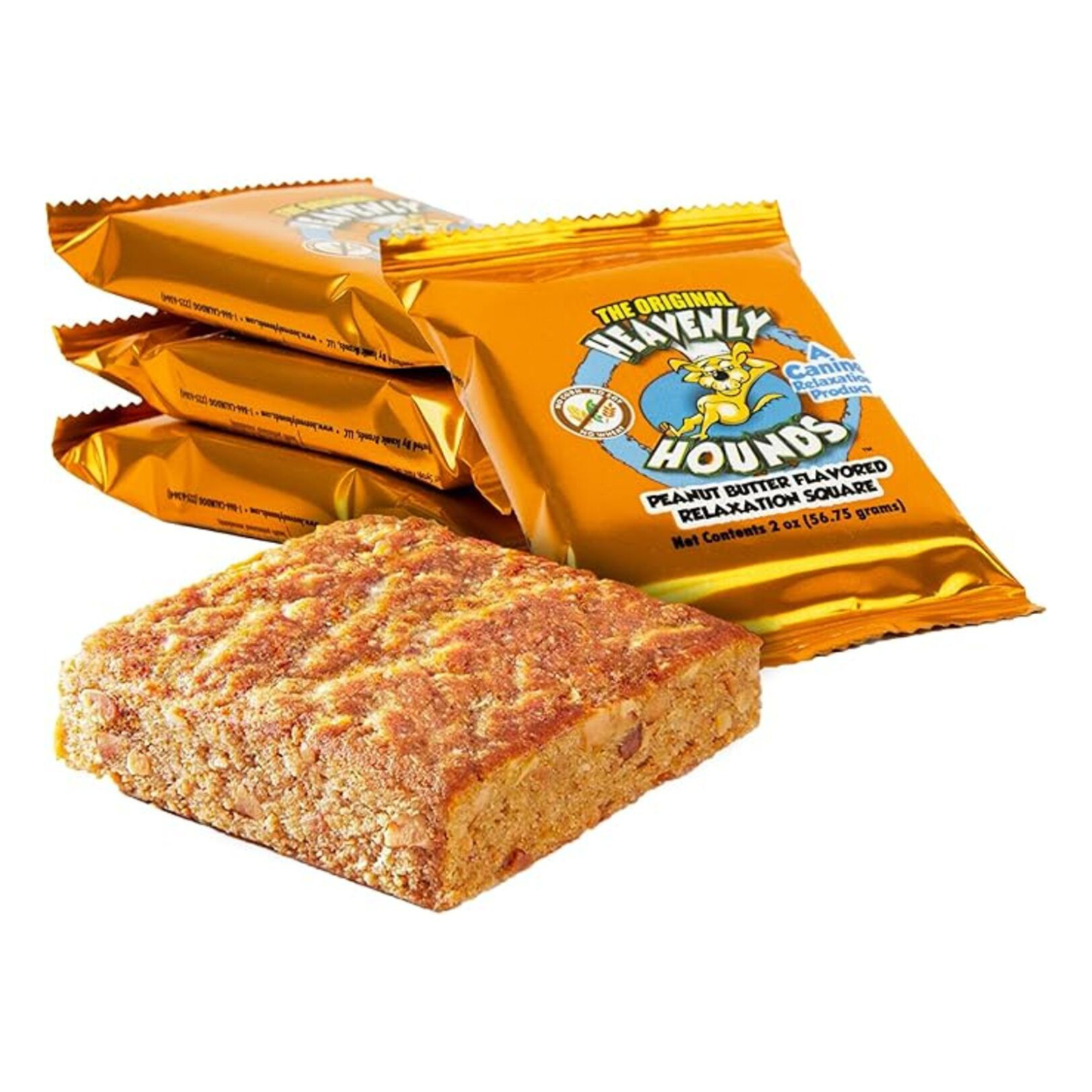 Three individually wrapped Heavenly Hounds Peanut Butter Flavored Relaxation Squares are arranged with one square snack bar broken in front on a plain white background.