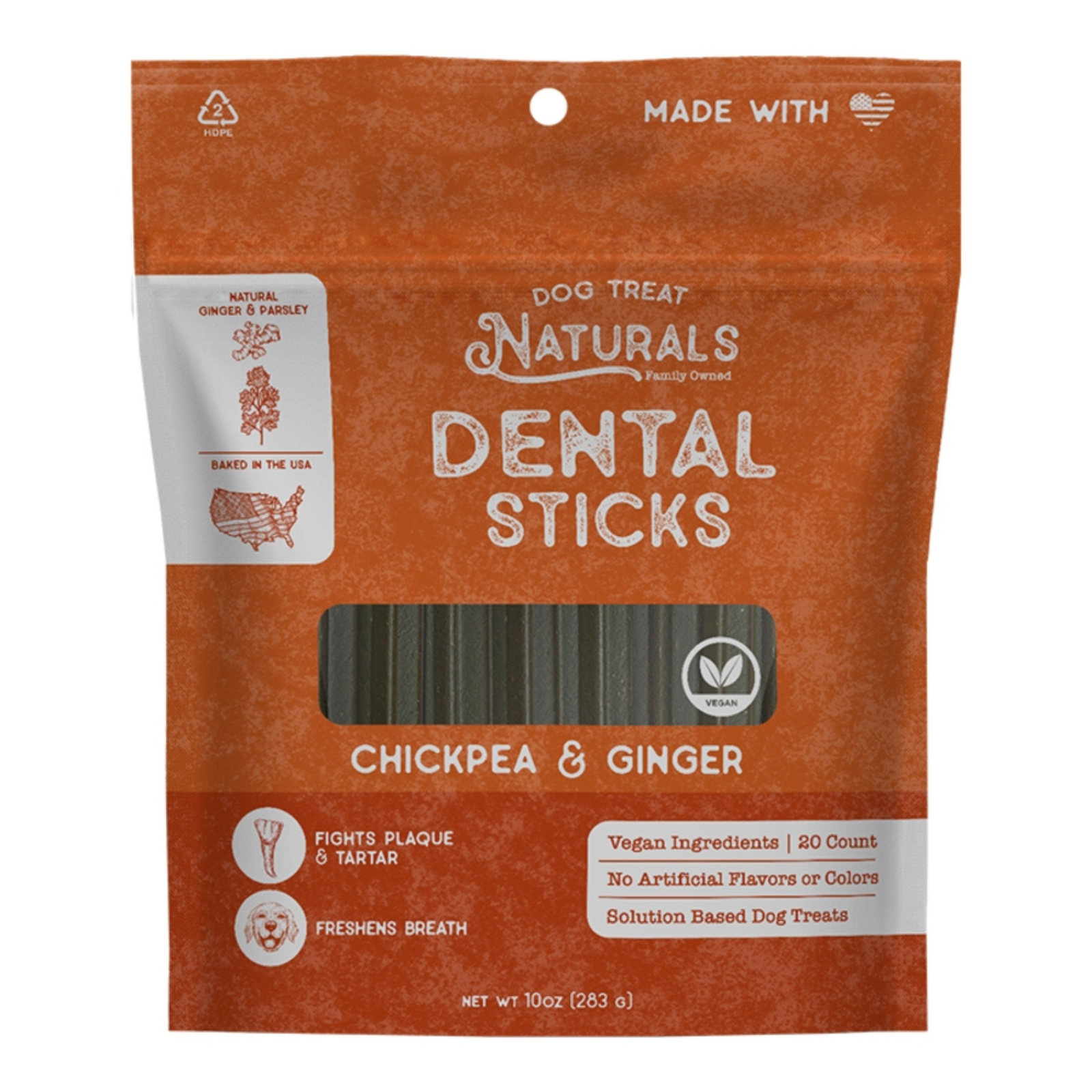 A package of Natural's Dog Treats Dental Sticks in Chickpea & Ginger flavor. The packaging is a textured orange-brown stand-up pouch with white text and a clear window showing the dark greenish-brown dental sticks inside.
