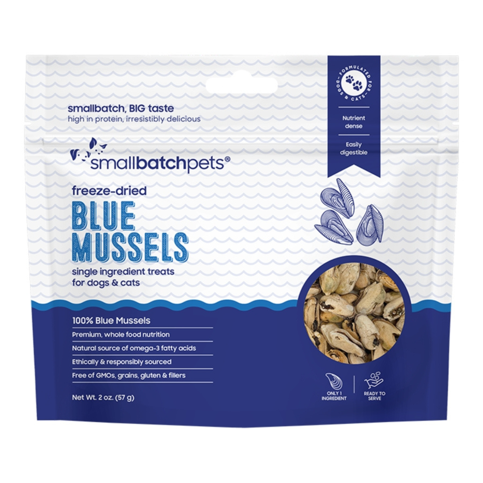 A 2 oz bag of Small Batch Pets freeze-dried Blue Mussels single-ingredient treats for dogs and cats, featuring a white and navy blue package design with a circular window showing the freeze-dried mussels inside.