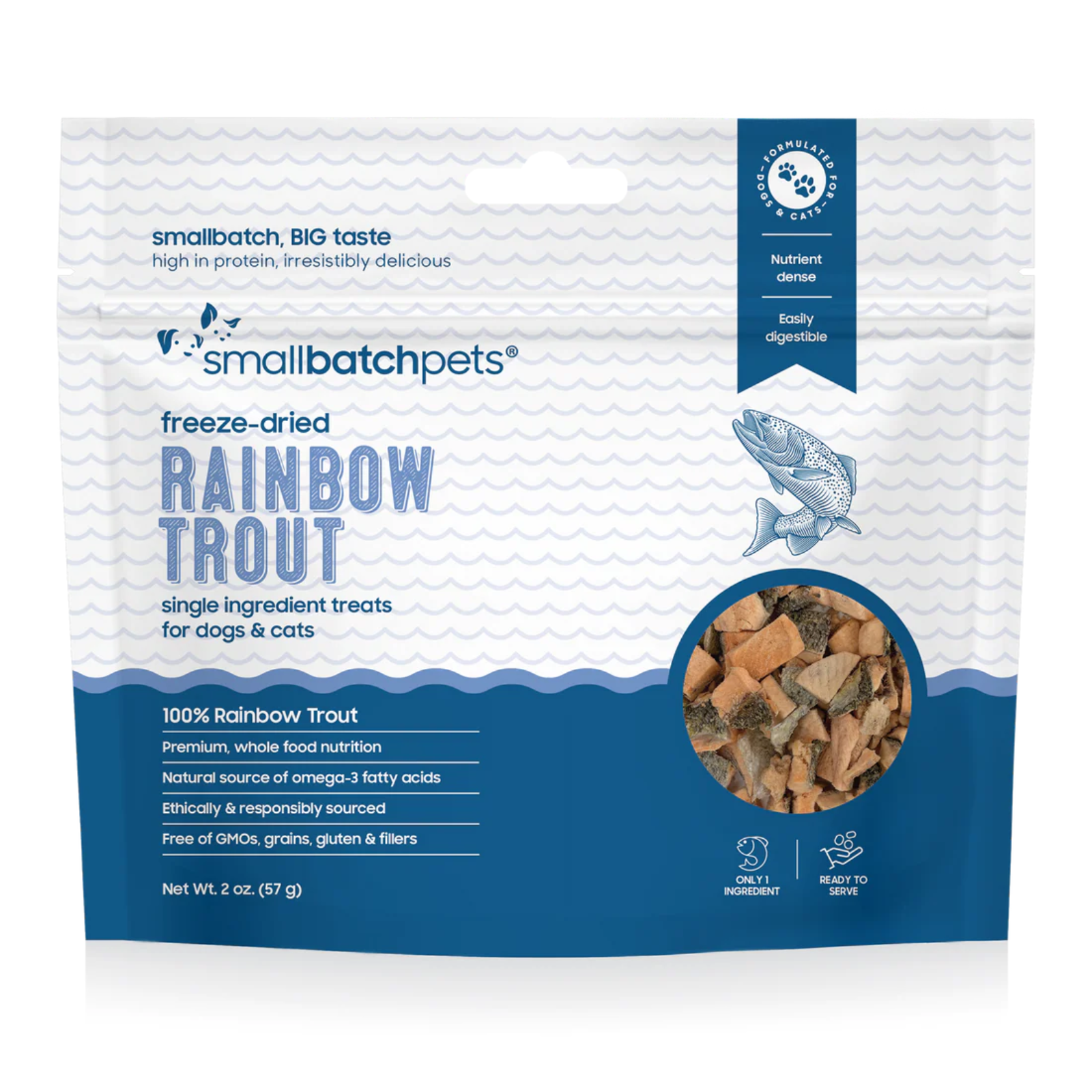 Package of smallbatchpets freeze-dried rainbow trout treats for dogs and cats.