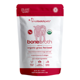 Package of small batch pets bone broth with red and white design