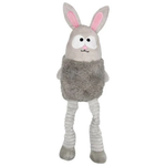 A plush bunny toy with a gray fuzzy body, long striped gray and white legs, and pink inner ears, shown against a plain white background.