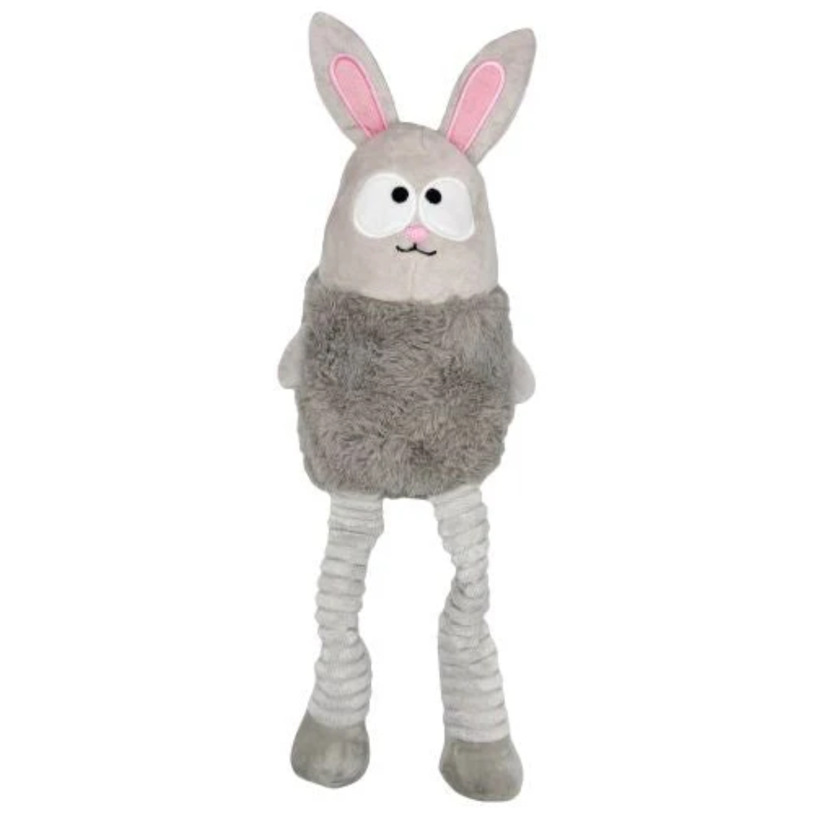 A plush bunny toy with a gray fuzzy body, long striped gray and white legs, and pink inner ears, shown against a plain white background.