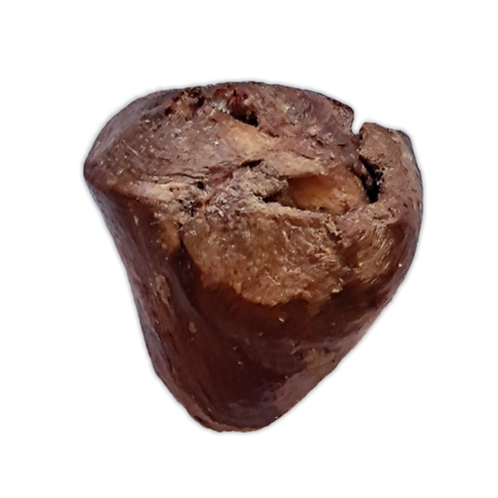 A single irregular brown piece of textured material, resembling a dried root, bark fragment, or chew, isolated on a white background.