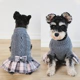 Grey Cable Sweater Dress with Pink Plaid Skirt & Bow*
