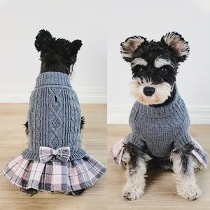 Grey Cable Sweater Dress with Pink Plaid Skirt & Bow