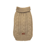 Beige knitted dog sweater with 'Pets Tale' logo on a light beige background