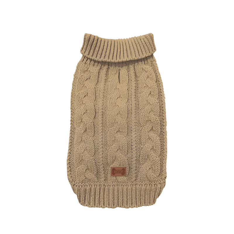 Beige knitted dog sweater with 'Pets Tale' logo on a light beige background
