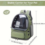Green pet carrier with dimensions and 'meorpet' branding on a white background