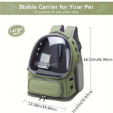 Green pet carrier with dimensions and 'meorpet' branding on a white background
