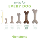 Size chart for Benebone dog chew toys with measurements and weight ranges.