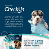 Promotional image for CheckUp veterinary service with a puppy and gloved hand on a blue background