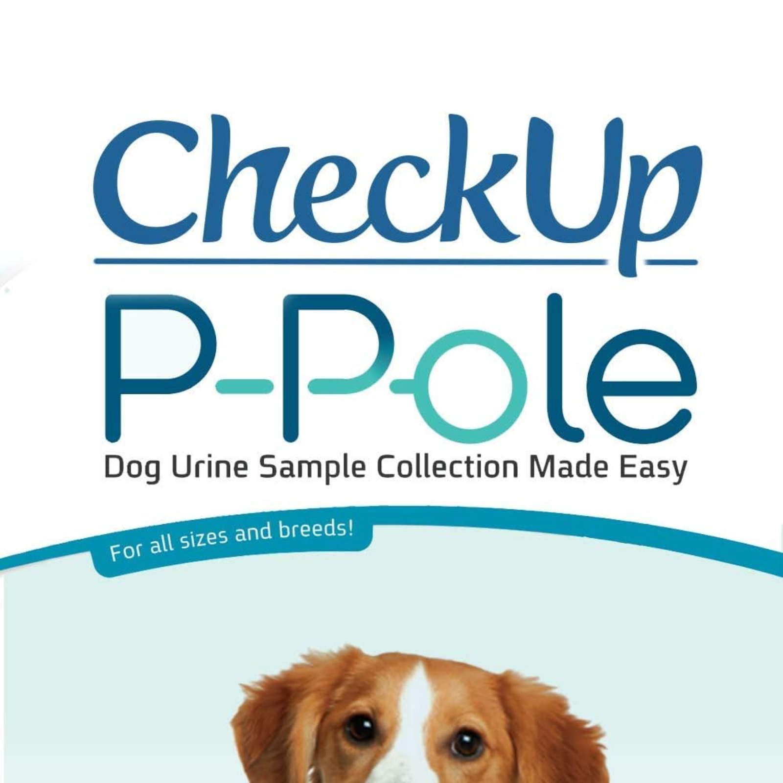 Advertisement for CheckUp P-Pole dog urine sample collection product with a dog's face on a light blue background.