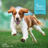 Dog running on grass with 'Pioneers in Pet Health & Nutrition' logo and text.