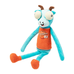 A cartoon plush toy with a light blue body, large white eyes, brown horns, and an orange basketball jersey that reads 'FuzzYard 83'.