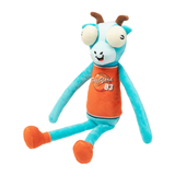 A cartoon plush toy with a light blue body, large white eyes, brown horns, and an orange basketball jersey that reads 'FuzzYard 83'.
