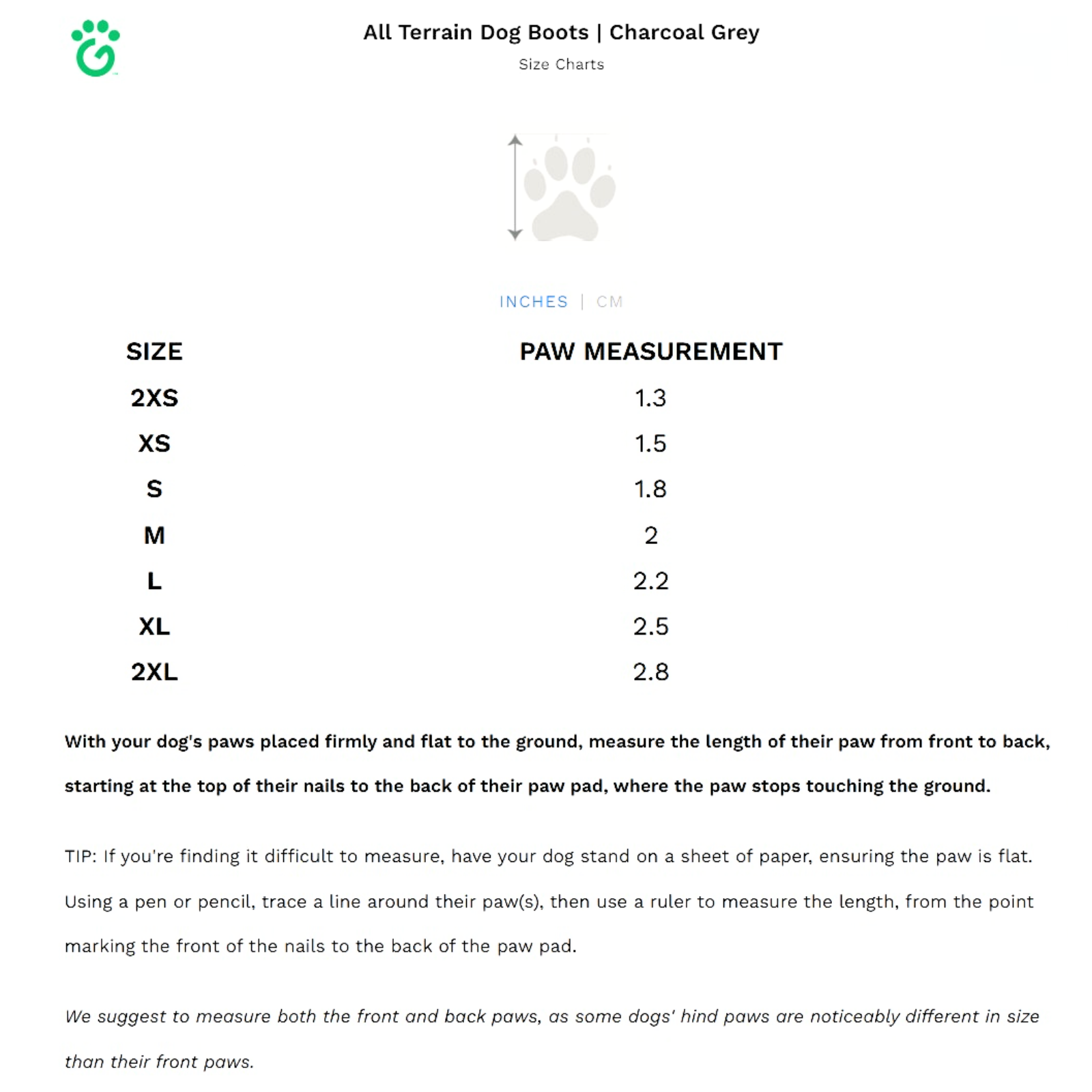Size chart for All Terrain Dog Boots in Charcoal Grey, showing a paw measurement table in inches and centimeters from 2S to 2XL, with instructions on how to measure a dog's paw.