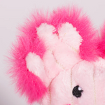 Close-up of a pink plush toy with a fluffy pink heart on a white background
