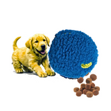 Dog puppy with a blue ball and dog treats on a white background