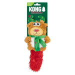 Kong Kickeroo Christmas reindeer plush dog toy on its green retail packaging card, featuring a brown plush reindeer with green antlers, a green scarf, and a red fluffy tail.