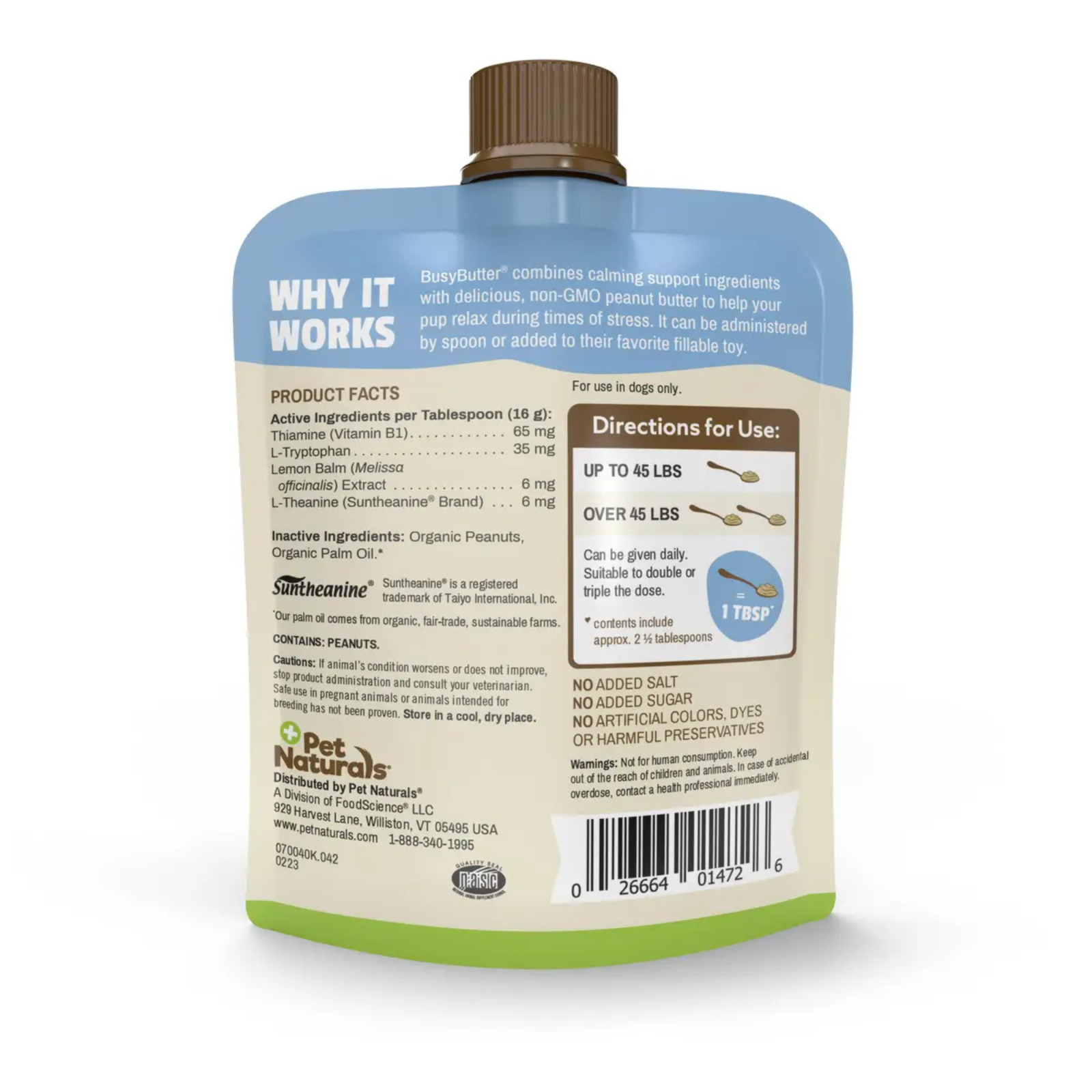 Back label of a pet product packaging with text and graphics on a white background
