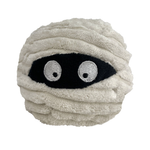 A round plush cushion shaped like a mummy, wrapped in textured off-white fabric with a black embroidered eye patch and two large white embroidered eyes with black pupils, shown on a plain white background.