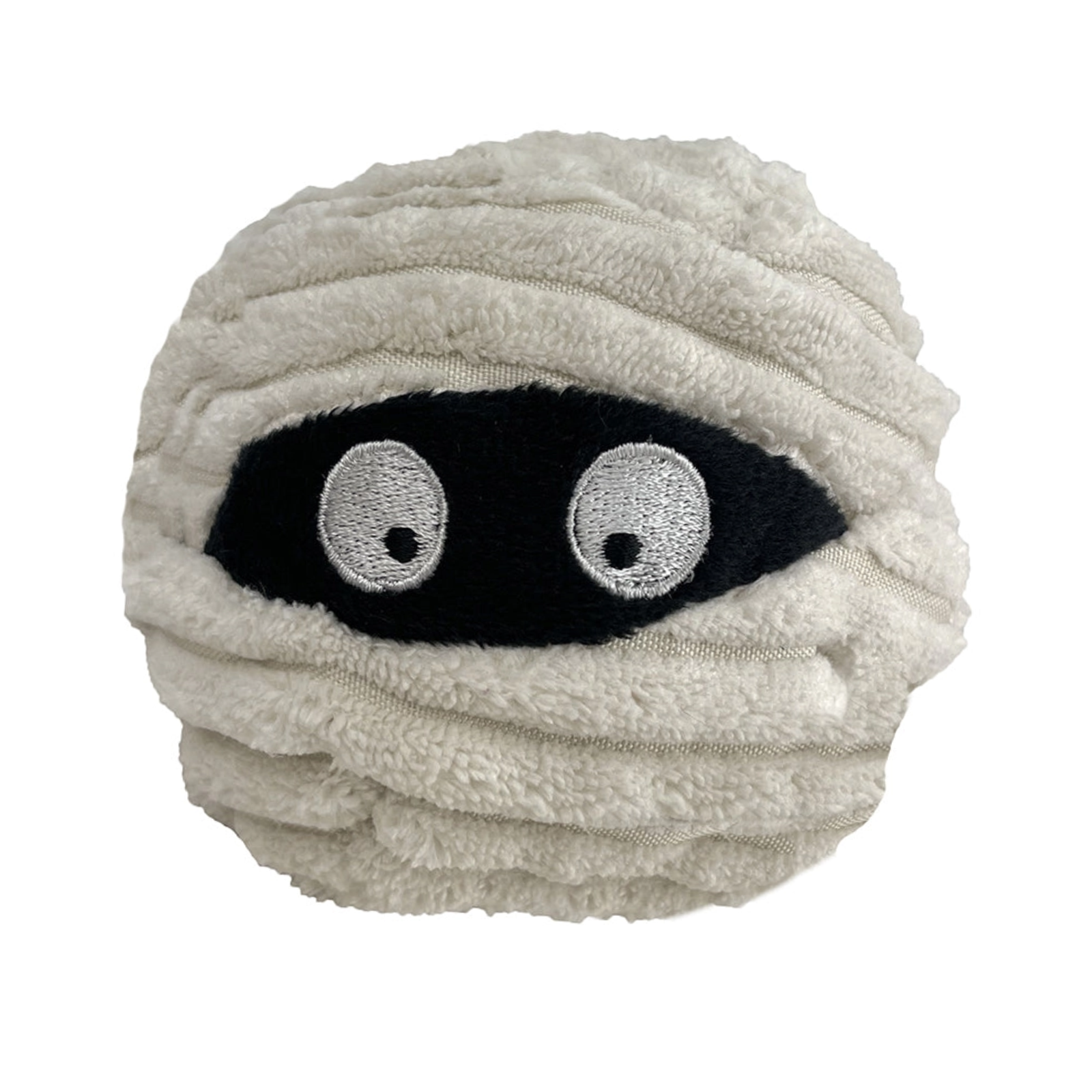 A round plush cushion shaped like a mummy, wrapped in textured off-white fabric with a black embroidered eye patch and two large white embroidered eyes with black pupils, shown on a plain white background.