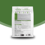 Dog food package with nutritional information on a green background