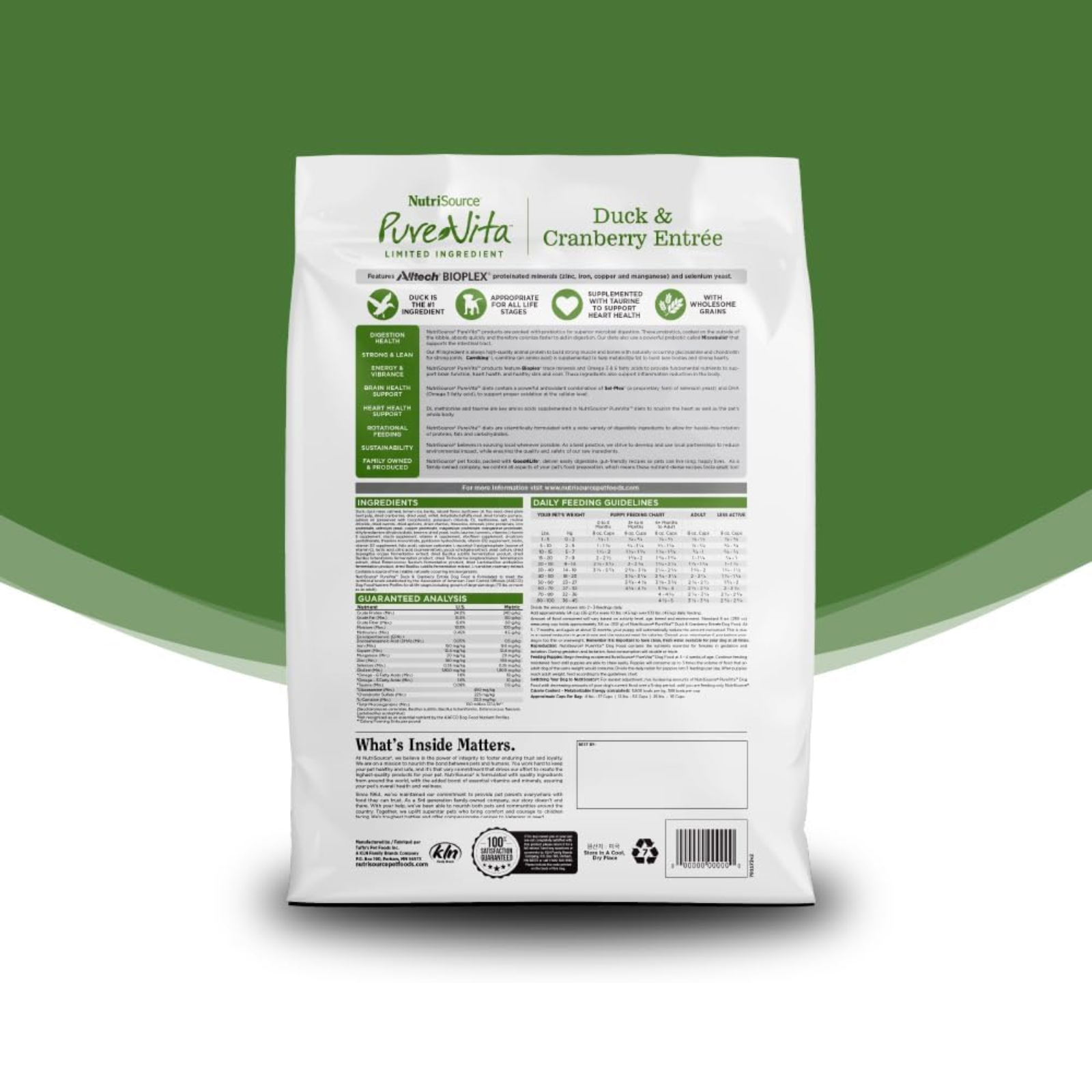 Dog food package with nutritional information on a green background