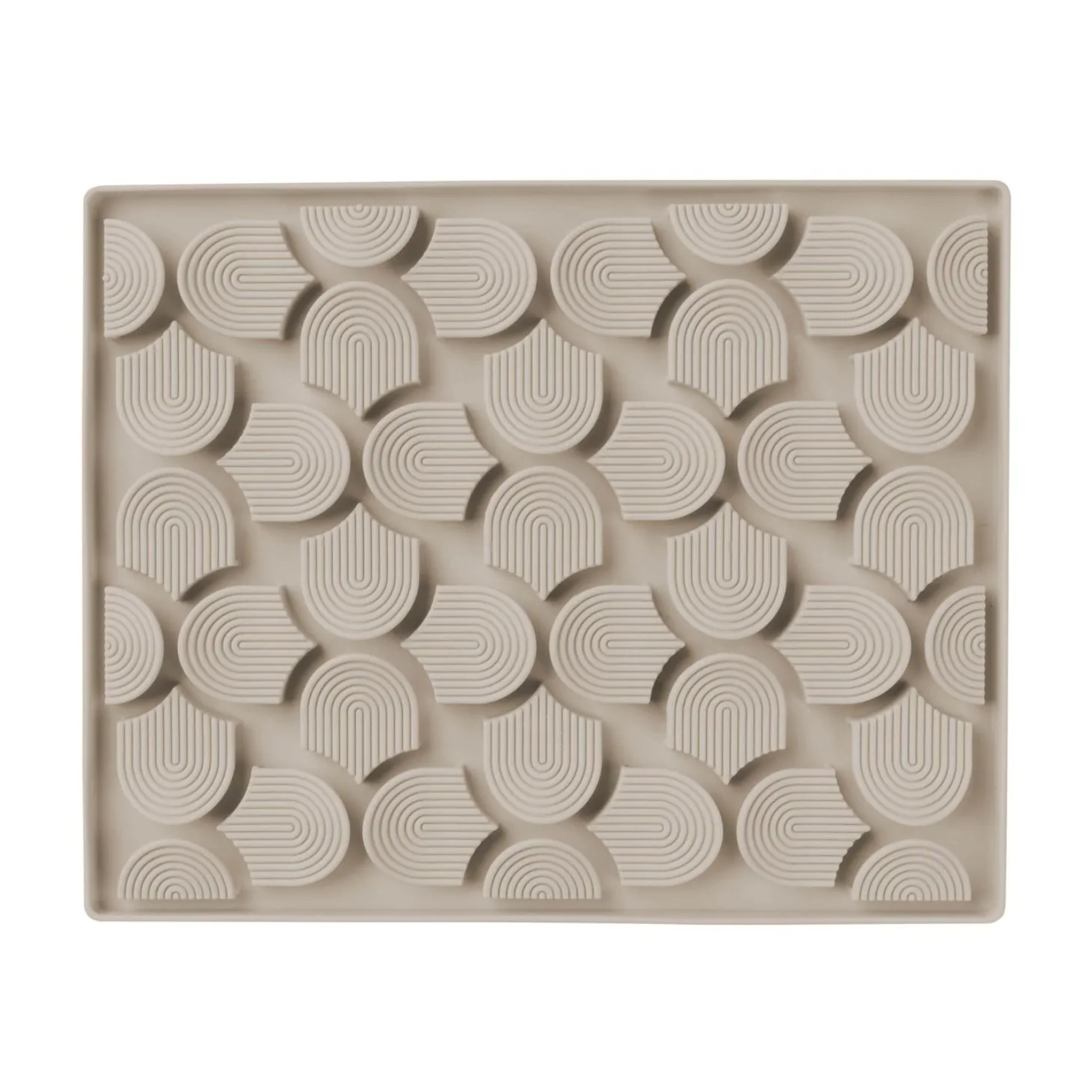 Beige ceramic tray with decorative pattern on a white background